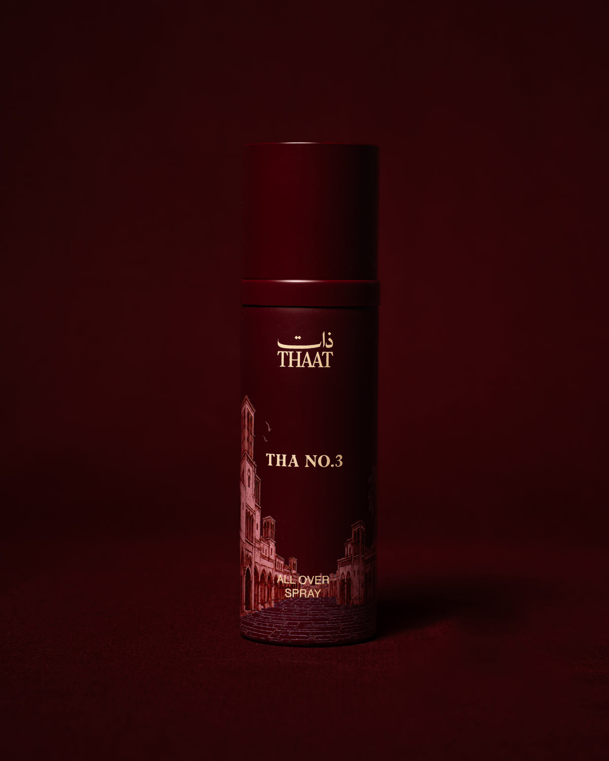 THA NO.3 من ذات — بخاخ All Over Spray بعبوة عنابية ونقوش معمارية