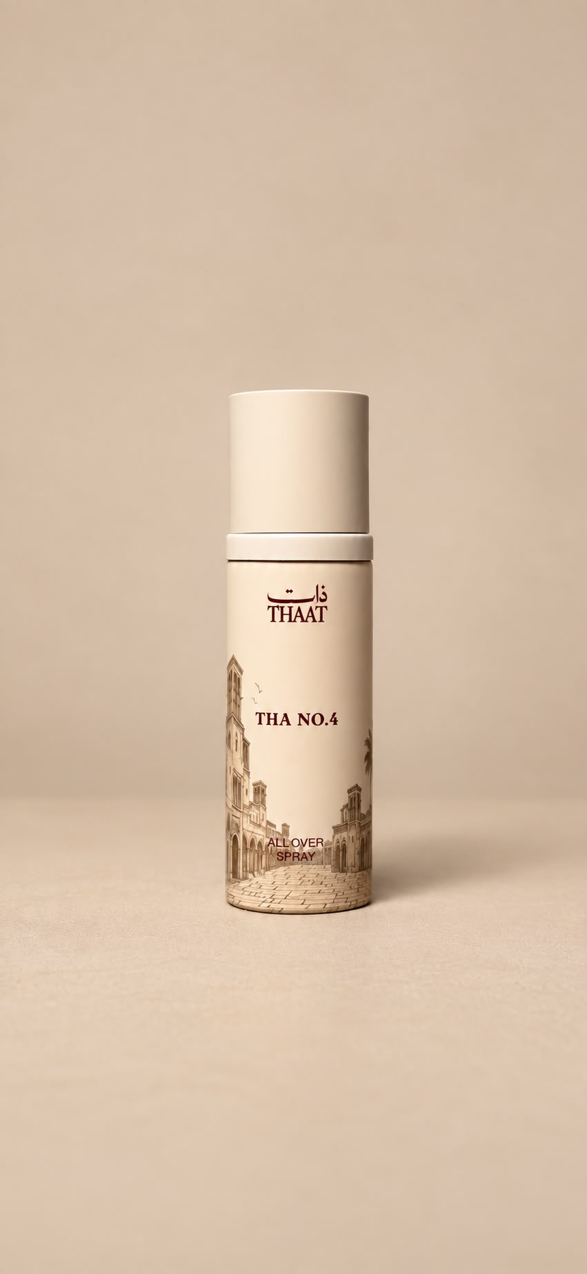 THA NO.4 من ذات — بخاخ All Over Spray بعبوة كريمية ونقوش معمارية — خلفية بيج